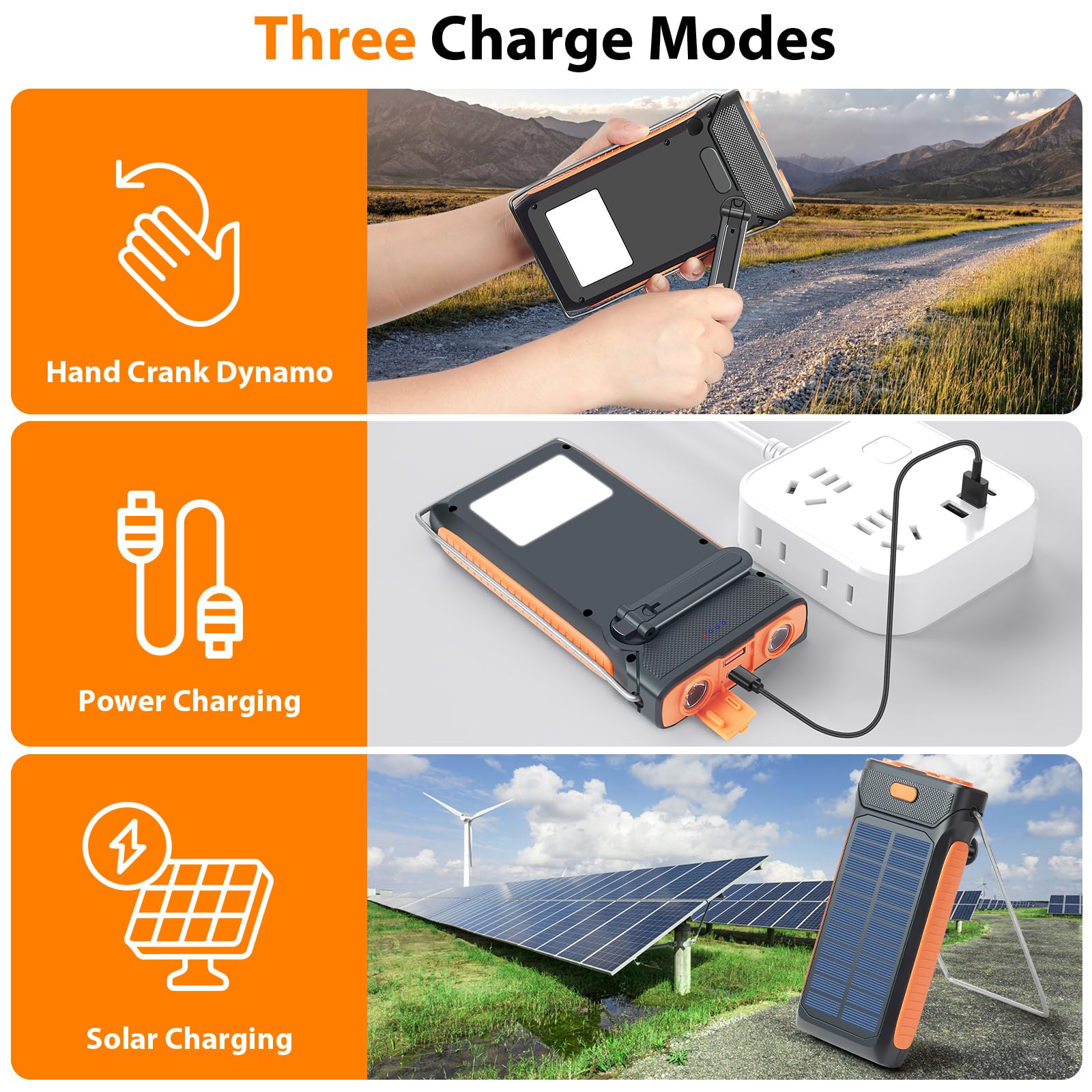 Solar Charger Power Bank, Hand Crank Flashlight QC3.0 Fast Charge External Battery Pack Power Bank with hook up