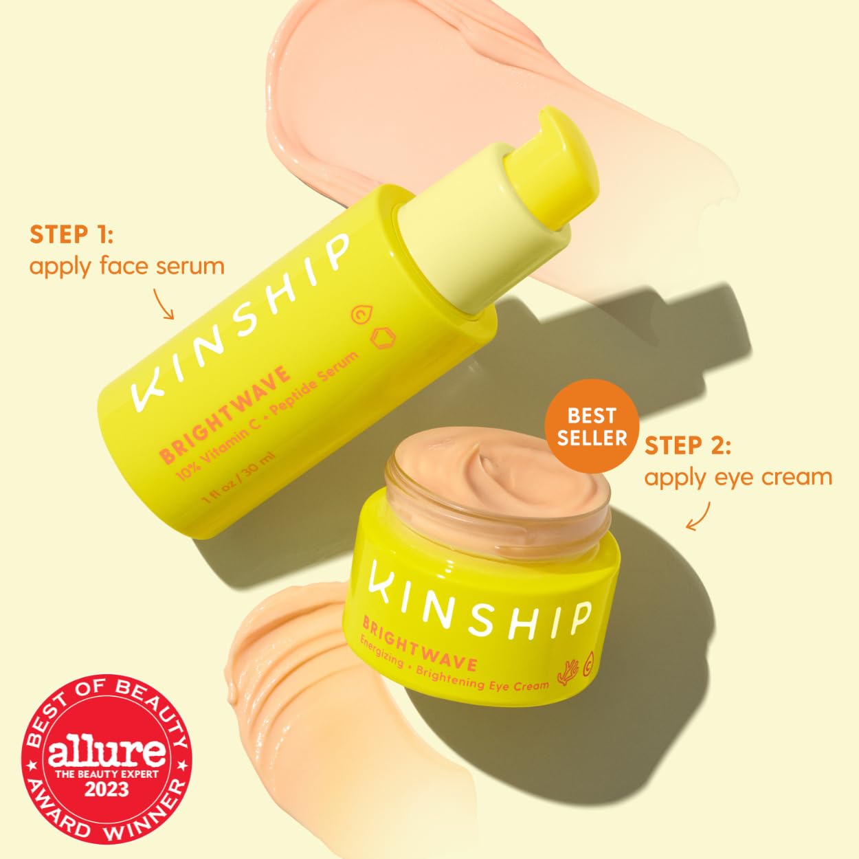 Kinship Brightwave 10% Vitamin C + Peptide Serum - Fade Dark Spots, Reduce Fine Lines & Wrinkles - Brighten, Plump & Smooth Face - Vegan Collagen - Anti-Aging Skincare - All Skin Types (1 Fl Oz)