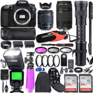 canon eos 90d dslr camera kit 18-55mm 75-300mm lenses + 420-800mm zoom lens + battery grip + ttl flash + microphone + 192gb memory accessory bundle (renewed)