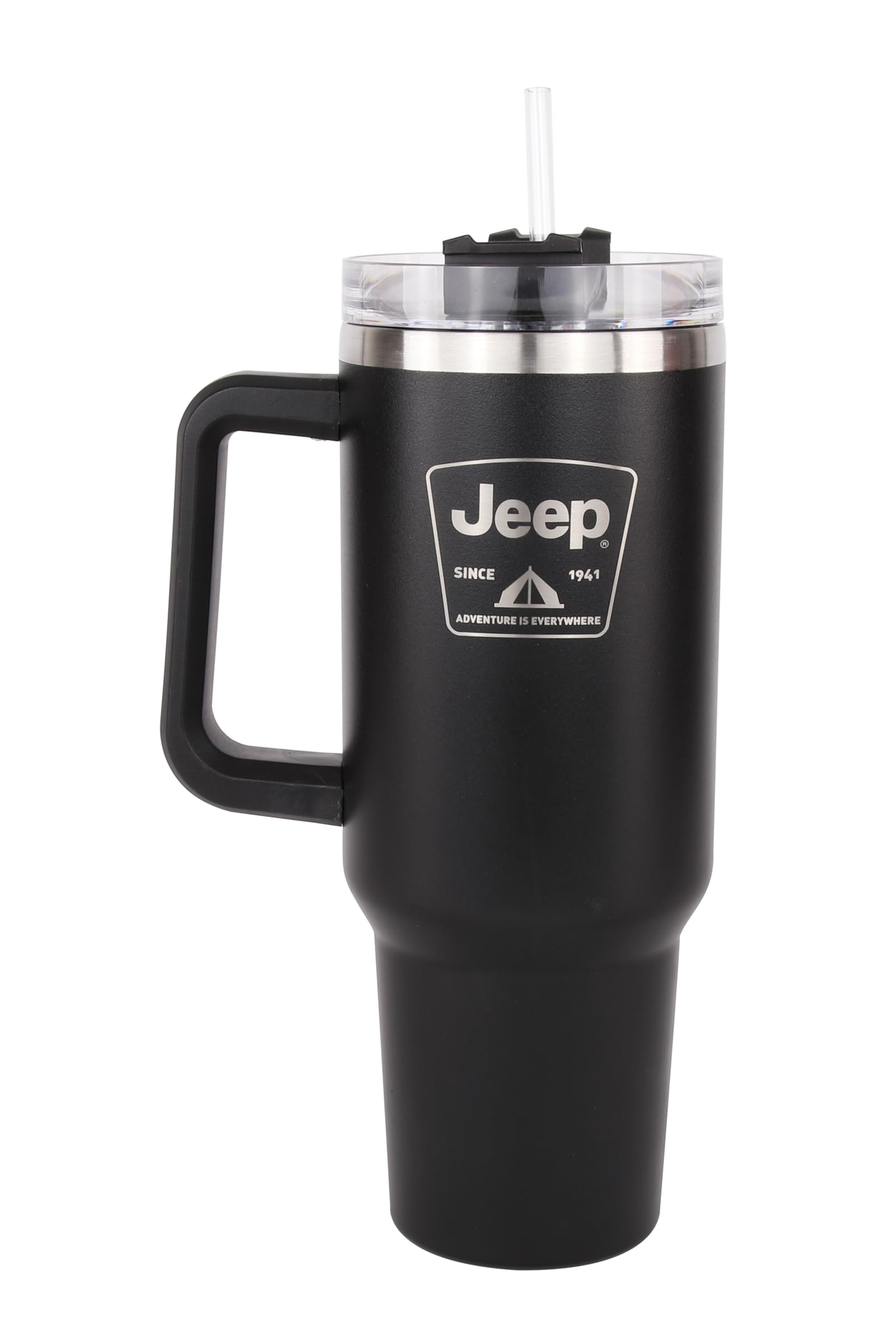 Jeep Adventure is Everywhere Since 1941 Tent Badge Logo 40 oz Insulated Travel Mug Tumbler with Handle | Double Wall Vacuum Sealed Stainless Steel Cup w/Straw and Lid (Black)