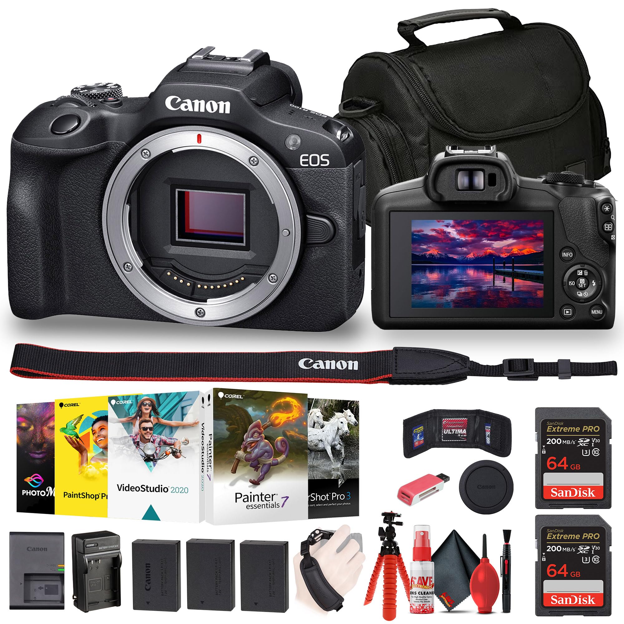 Canon EOS R100 Mirrorless Camera (6052C002) + Corel Software + Bag + 2 x 64GB Card + 2 x LPE17 Battery + Charger + LED Light + Card Reader + Flex Tripod + Cleaning Kit + Memory Wallet + More (Renewed)