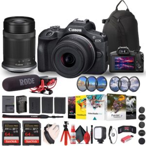 canon eos r100 mirrorless camera with 18-45mm and 55-210mm lenses kit (6052c022) + rode mic + filter kit + sling backpack + corel photo software + 2 x 64gb card + 2 x lpe17 battery + more (renewed)