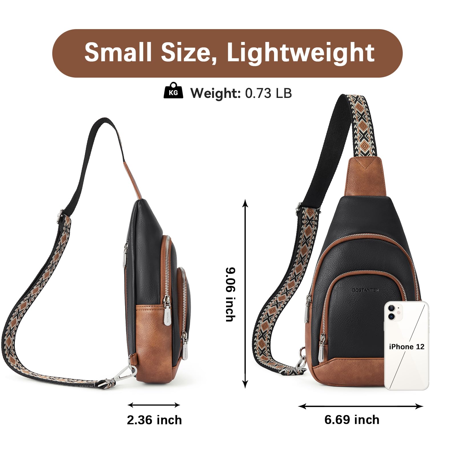 BOSTANTEN Sling Bag for Women Crossbody Purse Cross body Bag Leather Chest Bag with Removable Guitar Strap, Black and Brown