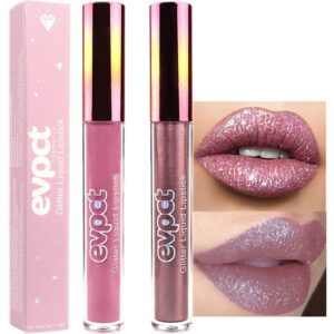 evpct 2Pcs Mauve & Taupe purple Matte to Glitter Liquid Lipstick Long Lasting Lip Set Kit for Women Diamond Shiny Glitter Sparkly Glossy Metallic Shimmer Sparkle Waterproof Lipstick Lip Gloss 01+08