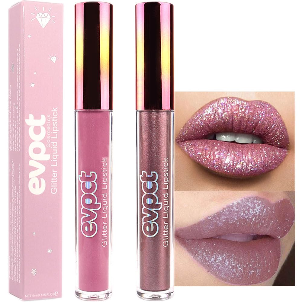 evpct 2Pcs Mauve & Taupe purple Matte to Glitter Liquid Lipstick Long Lasting Lip Set Kit for Women Diamond Shiny Glitter Sparkly Glossy Metallic Shimmer Sparkle Waterproof Lipstick Lip Gloss 01+08