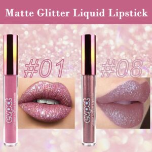 evpct 2Pcs Mauve & Taupe purple Matte to Glitter Liquid Lipstick Long Lasting Lip Set Kit for Women Diamond Shiny Glitter Sparkly Glossy Metallic Shimmer Sparkle Waterproof Lipstick Lip Gloss 01+08