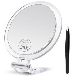 b beauty planet 30x magnifying mirror, magnifying mirror with stand and tweezers, handheld mirror with 30x/1x magnification, compact mirror for traveling, 30x makeup mirror for pluck eyebrows