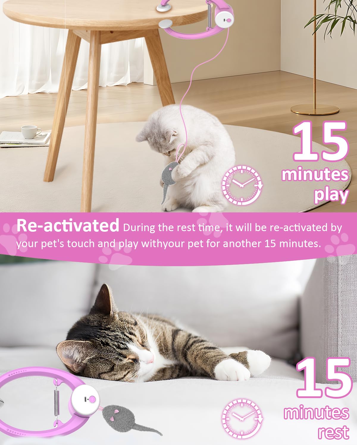 Cat Toys, Hanging Automatic Interactive Cat Toy, Colorful Bouncing Mice, Extra Long Elastic Rope, Motion Activated Rechargeable Cat Feathers Toys, Interactive Cat Toys for Indoor Cats/Kittens