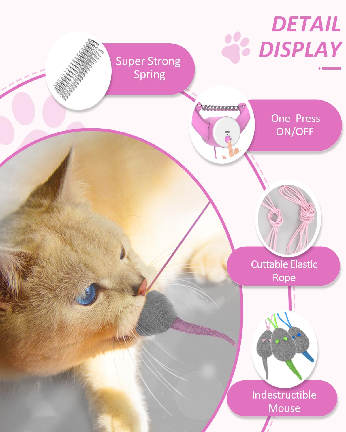 Cat Toys, Hanging Automatic Interactive Cat Toy, Colorful Bouncing Mice, Extra Long Elastic Rope, Motion Activated Rechargeable Cat Feathers Toys, Interactive Cat Toys for Indoor Cats/Kittens