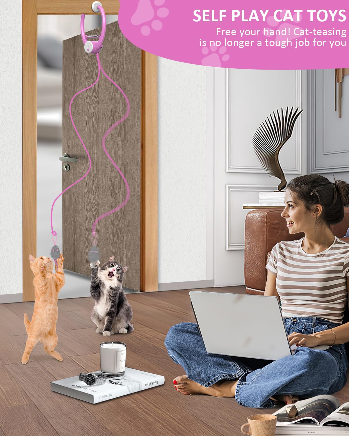 Cat Toys, Hanging Automatic Interactive Cat Toy, Colorful Bouncing Mice, Extra Long Elastic Rope, Motion Activated Rechargeable Cat Feathers Toys, Interactive Cat Toys for Indoor Cats/Kittens