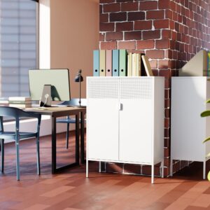 Washsemba Metal Storage Cabinet with Doors and Shelves, White Metal Cabinet, 3-Tier Office Cabinet,Metal Locker Storage Cabinet for Office, Home, Living Room(White)