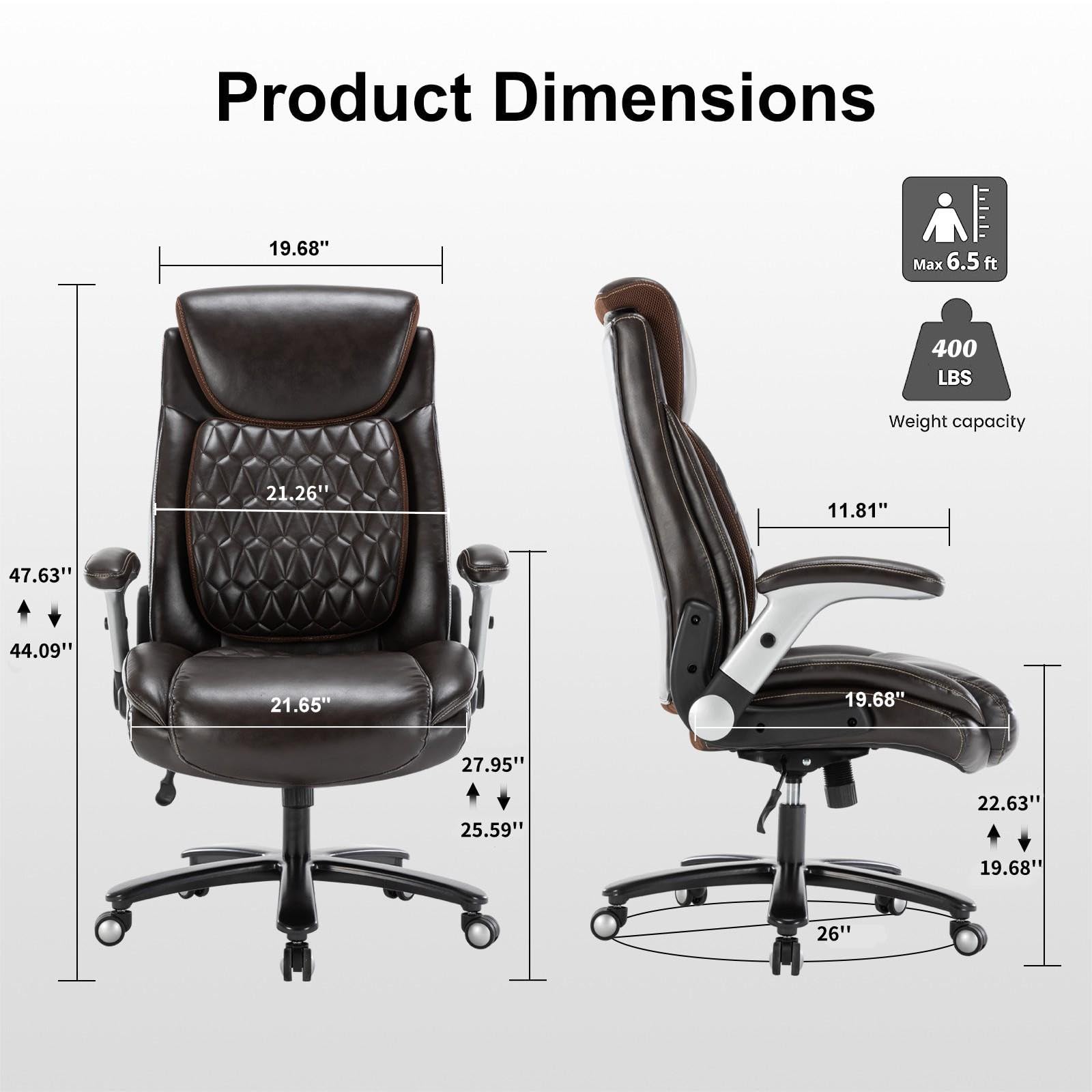 Big and Tall 400lbs Executive Office Chair, Luxury Pu Leather Home Desk Chair-Adjustable Seat Height Padded Armrest Lumbar Support, Ergonomic Swivel Computer Chair with Wide Seat (Brown)