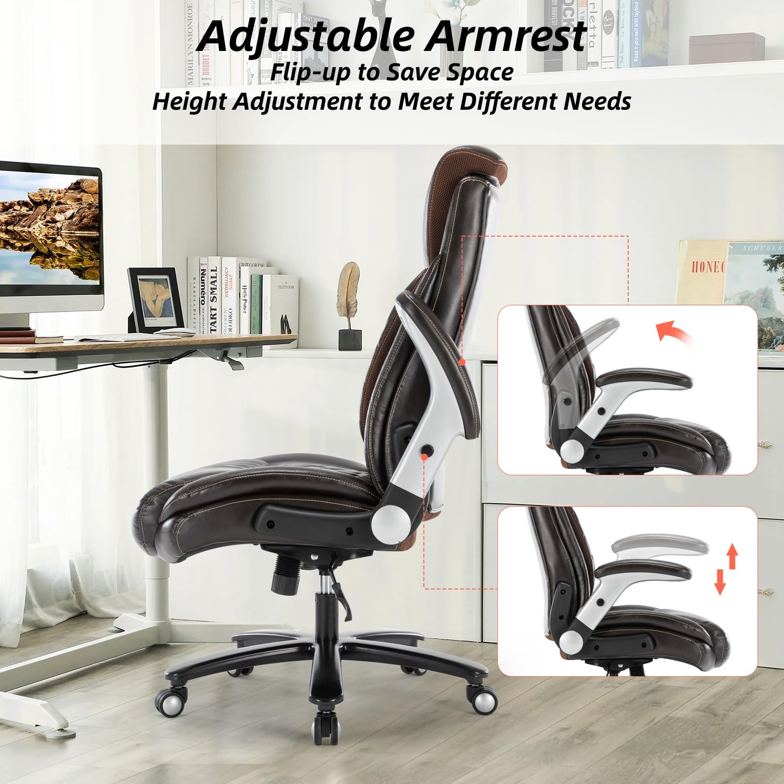 Big and Tall 400lbs Executive Office Chair, Luxury Pu Leather Home Desk Chair-Adjustable Seat Height Padded Armrest Lumbar Support, Ergonomic Swivel Computer Chair with Wide Seat (Brown)