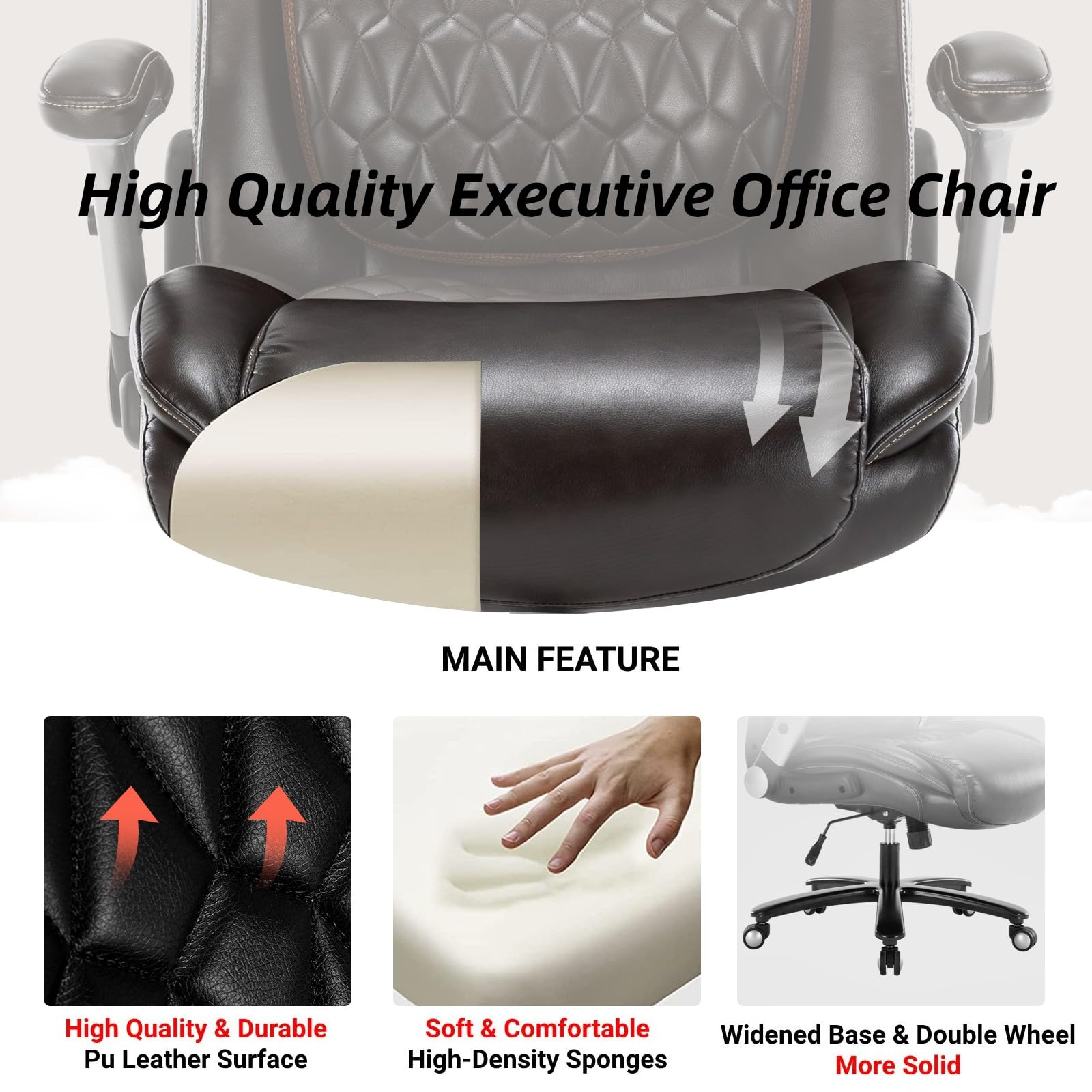 Big and Tall 400lbs Executive Office Chair, Luxury Pu Leather Home Desk Chair-Adjustable Seat Height Padded Armrest Lumbar Support, Ergonomic Swivel Computer Chair with Wide Seat (Brown)