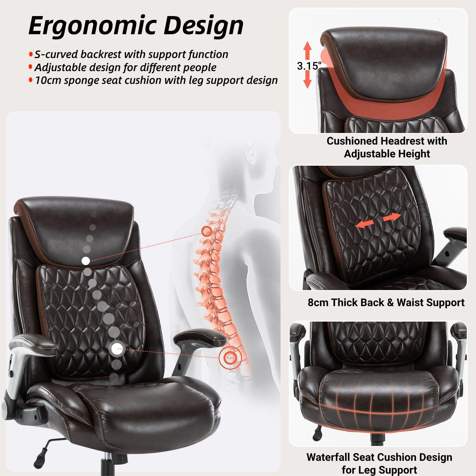 Big and Tall 400lbs Executive Office Chair, Luxury Pu Leather Home Desk Chair-Adjustable Seat Height Padded Armrest Lumbar Support, Ergonomic Swivel Computer Chair with Wide Seat (Brown)