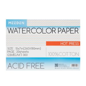 meeden watercolor paper block, 100% cotton watercolor paper pad of 20 sheets, 140lb/300gsm, acid-free art paper for watercolor, gouache, ink and more, 10" x 7" hot press