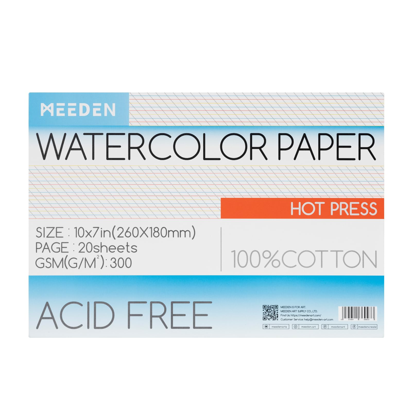 MEEDEN Watercolor Paper Block, 100% Cotton Watercolor Paper Pad of 20 Sheets, 140lb/300gsm, Acid-Free Art Paper for Watercolor, Gouache, Ink and More, 10" x 7" Hot Press