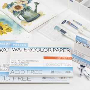 MEEDEN Watercolor Paper Block, 100% Cotton Watercolor Paper Pad of 20 Sheets, 140lb/300gsm, Acid-Free Art Paper for Watercolor, Gouache, Ink and More, 10" x 7" Hot Press