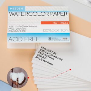 MEEDEN Watercolor Paper Block, 100% Cotton Watercolor Paper Pad of 20 Sheets, 140lb/300gsm, Acid-Free Art Paper for Watercolor, Gouache, Ink and More, 10" x 7" Hot Press