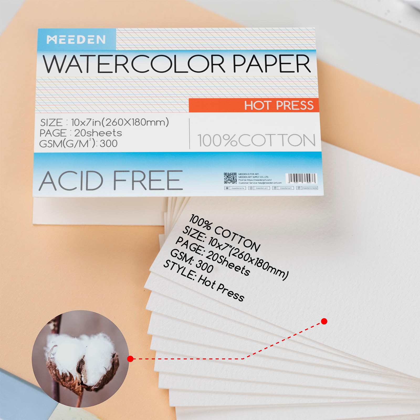 MEEDEN Watercolor Paper Block, 100% Cotton Watercolor Paper Pad of 20 Sheets, 140lb/300gsm, Acid-Free Art Paper for Watercolor, Gouache, Ink and More, 10" x 7" Hot Press