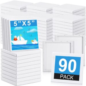 ireer 90 pcs mini stretched canvas bulk, 5 x 5 inch white canvases for painting, 100% cotton small blank canvas boards for kids, art supplies panels for oil, acrylic, watercolor paint