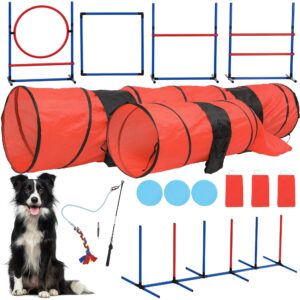 YITAHOME Dog Agility Equipments, Includes Flirt Pole Toy, 3 Flying Discs, 2 Agility Tunnel, 3 Jumps, 6 Weave Poles, Pause Box,Agility Course Set for Backyard, Indoor, Outdoor