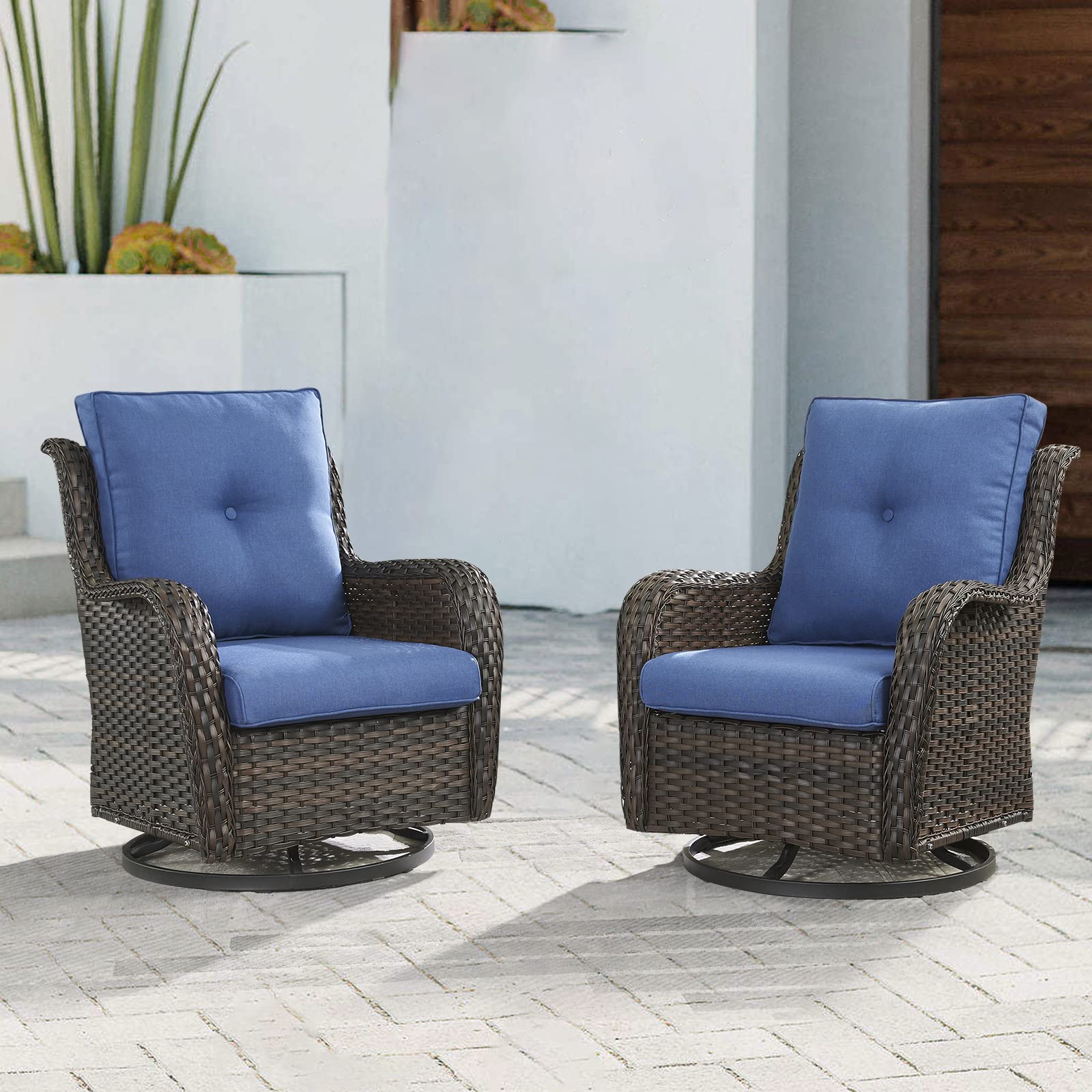 Pugire Wicker Patio Furniture Set - 8 Seater Rattan Outdoor Conversation Sets with 2 Swivel Chairs,2 Loveseat,1 Corner Sofa,1 Armless Chairs and 1 Square Glass Top Coffee Table(Brown/Blue)