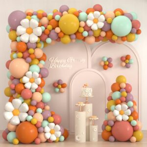 retro boho daisy balloon garland arch kit, jzczoeb 180pcs groovy balloon arch with daisy balloons for boho daisy groovy hippie theme birthday baby shower bridal shower party decorations