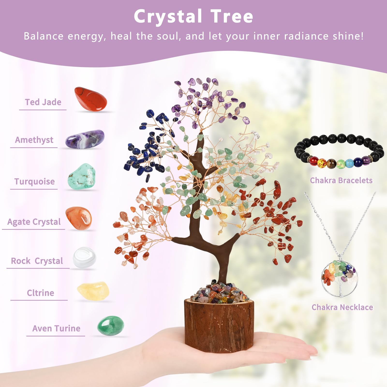 Yastouay Chakra Tree of Life, Crystal Tree of Life, Gemstones Tree, Money Tree, Bonsai Tree, Crystal Ornaments for Christmas Tree for Desk Decorations, Office Decor for Women