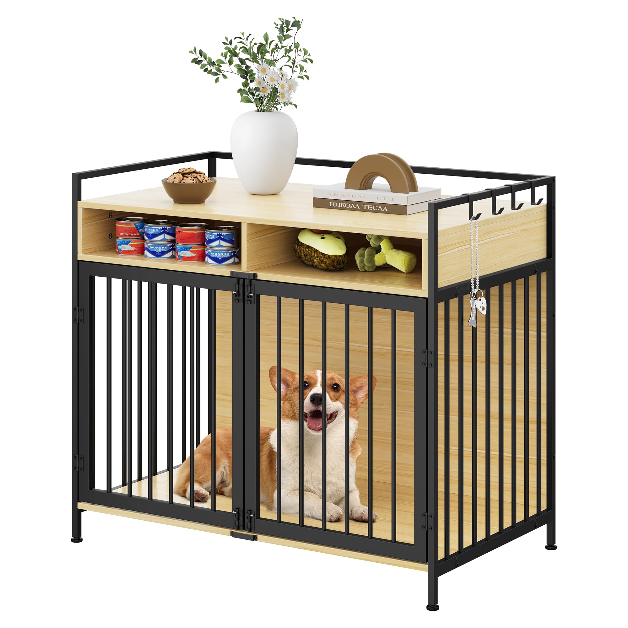 YITAHOME Large Dog Crate, 41" Heavy Duty Dog Kennel with 2 Drawers End Table, Wooden Dog Cage Indoor Dog House Pet Crate Table with Double Doors for Large Medium Small Dogs, Walnut Color