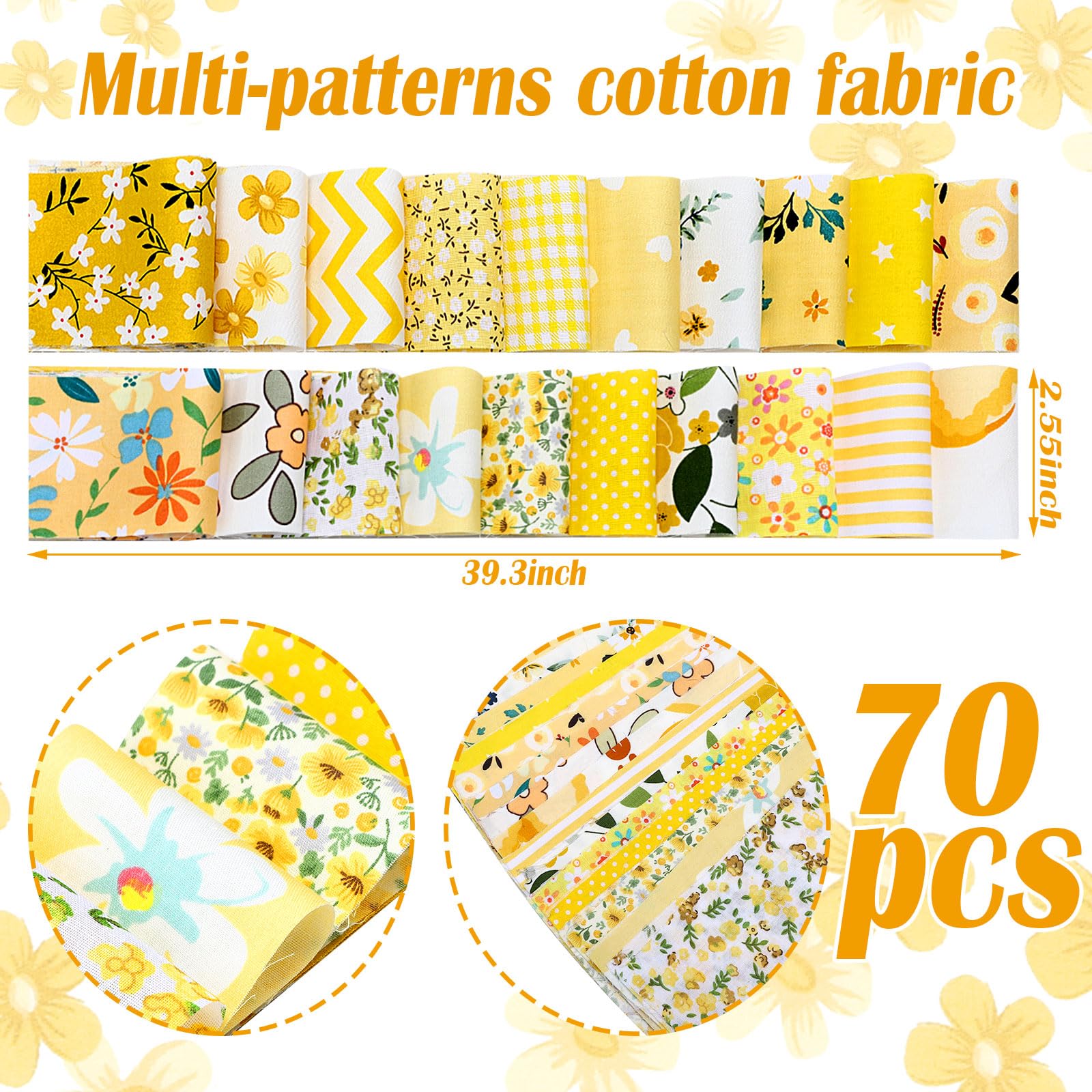 Kingdder 70 Pcs Floral Cotton Fabric Patchwork Roll 2.55 x 39.4 Inch Cotton Quilting Fabric Roll up Cotton Fabric Quilting Strips Precut Patchwork Roll for Craft Sewing DIY Crafts (Yellow Flower)