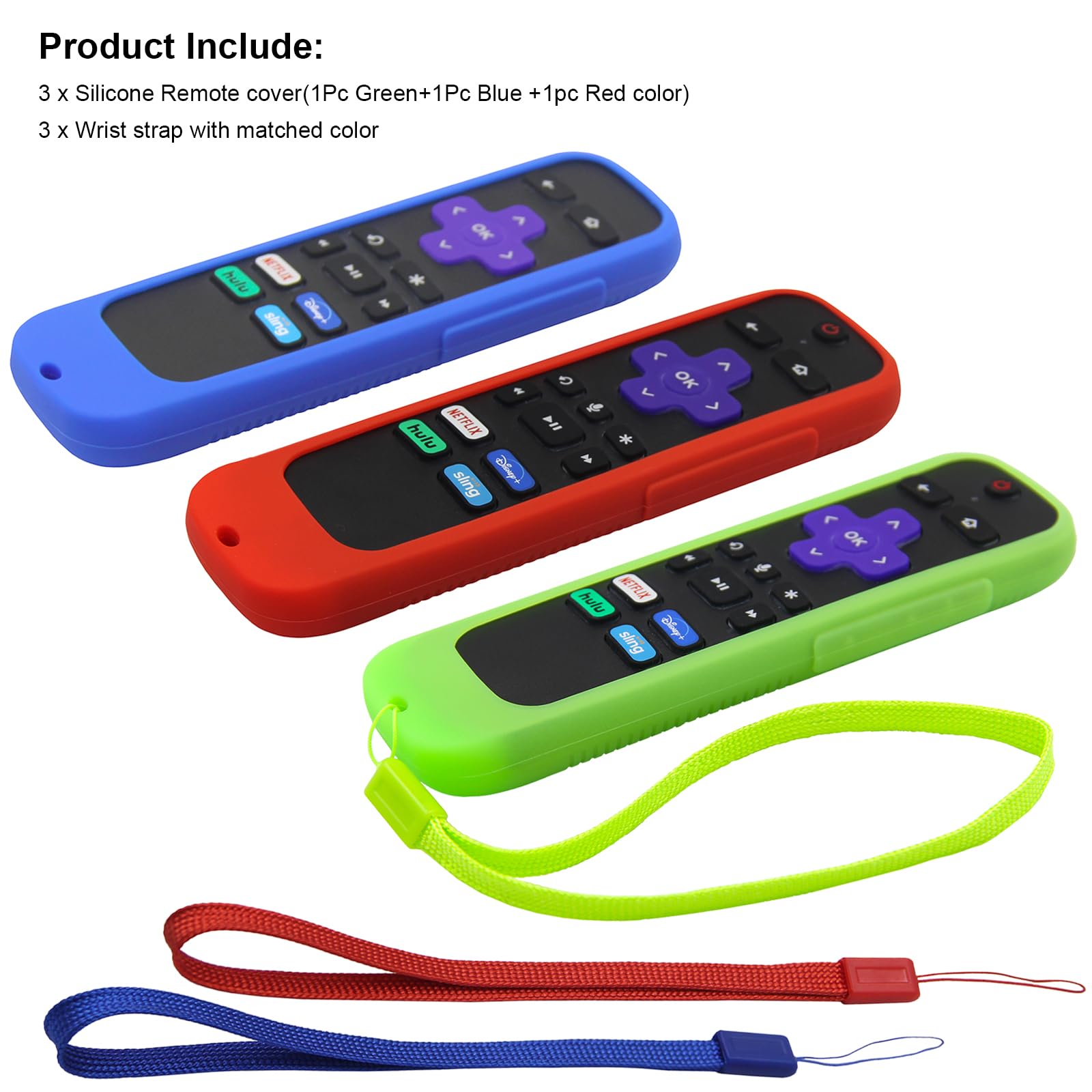 Pinowu [3 Pack] Remote Case/Battery Cover for TCL Roku Smart TV Steaming Stick Remote, Silicone Protective Case Universal Sleeve Skin (Glow in The Dark) with Wrist Strap (Green Glow & Blue & Red)