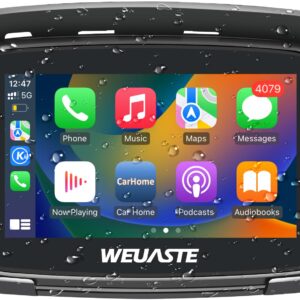 WEUASTE Portable Apple Car Play Screen for Motorcycle, Wireless Apple CarPlay & Android Auto for Motorbike, Motorcycle Carplay GPS Navigation, 5" Waterproof Touch Screen, Dual Bluetooth, Support Siri