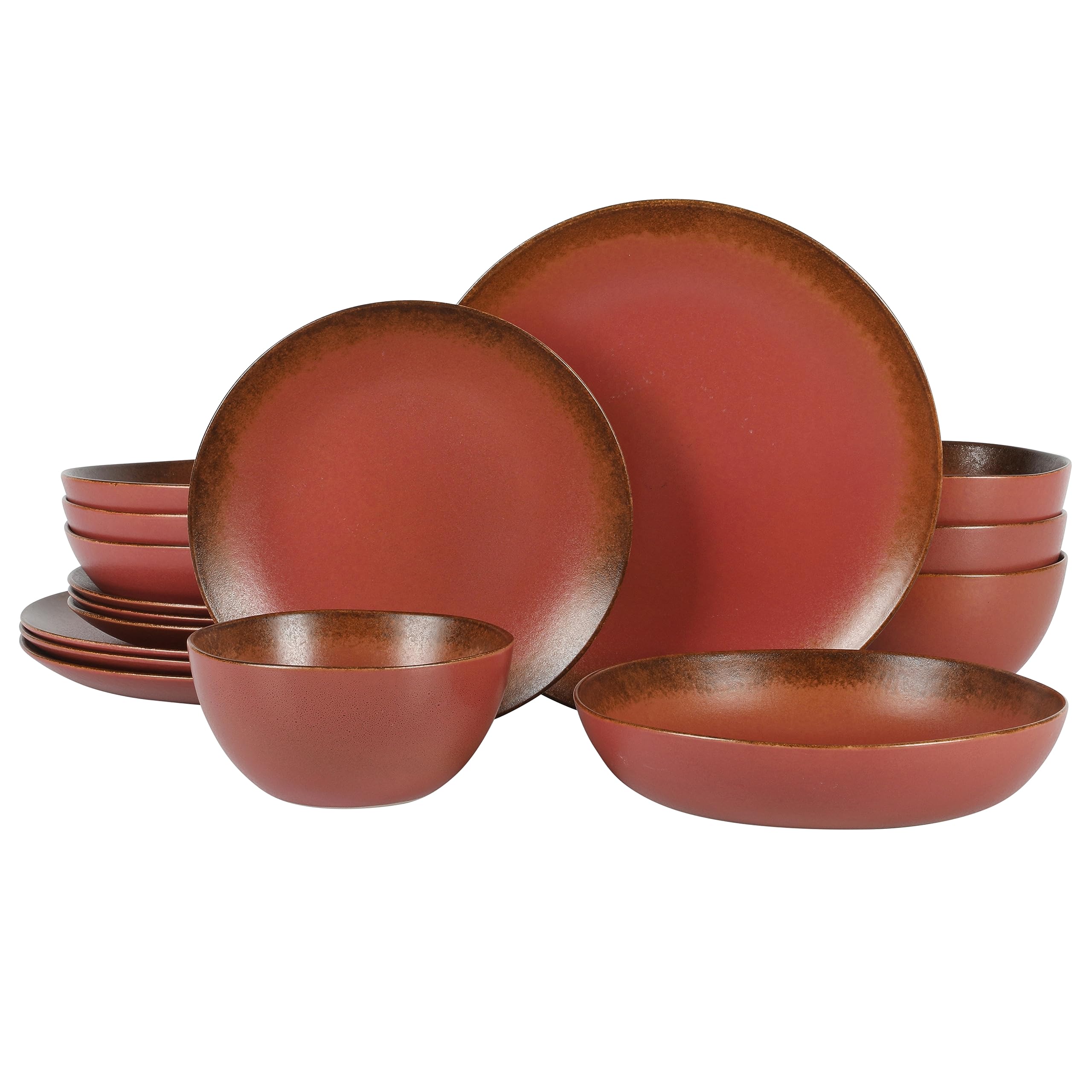 Bloomhouse - Oprah's Favorite Things - Palermo Sun Double Bowl Stoneware Reactive Glaze Plates and Bowls Dinnerware Set - Paprika Red, Service for Four (16pcs)