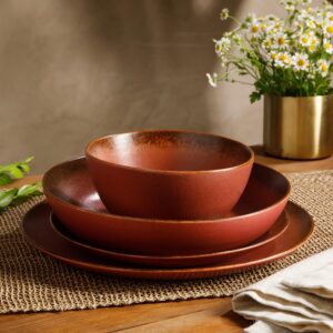 Bloomhouse - Oprah's Favorite Things - Palermo Sun Double Bowl Stoneware Reactive Glaze Plates and Bowls Dinnerware Set - Paprika Red, Service for Four (16pcs)