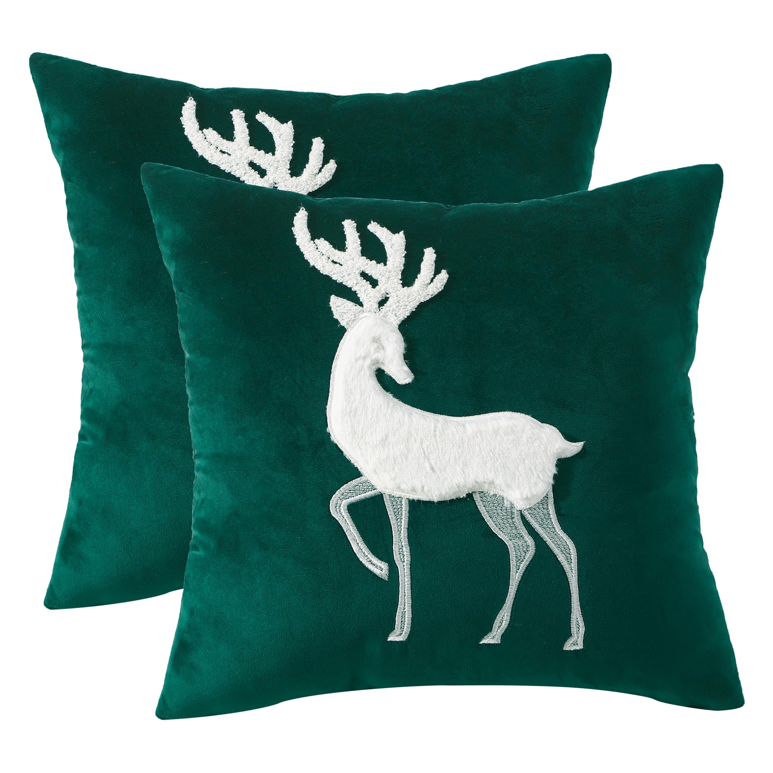 Tosleo Christmas Pillowcases 18 x 18 inch Set of 2 Dark Green Christmas Deer Throw Pillow Cover Christmas Pillow case Christmas Party Decorations Winter Holiday Cushion Case