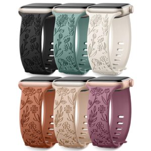 snblk 6 pack floral engraved apple watch bands, compatible with 38mm-49mm models, soft silicone material, vivid flower patterns, comfortable fit, water resistant