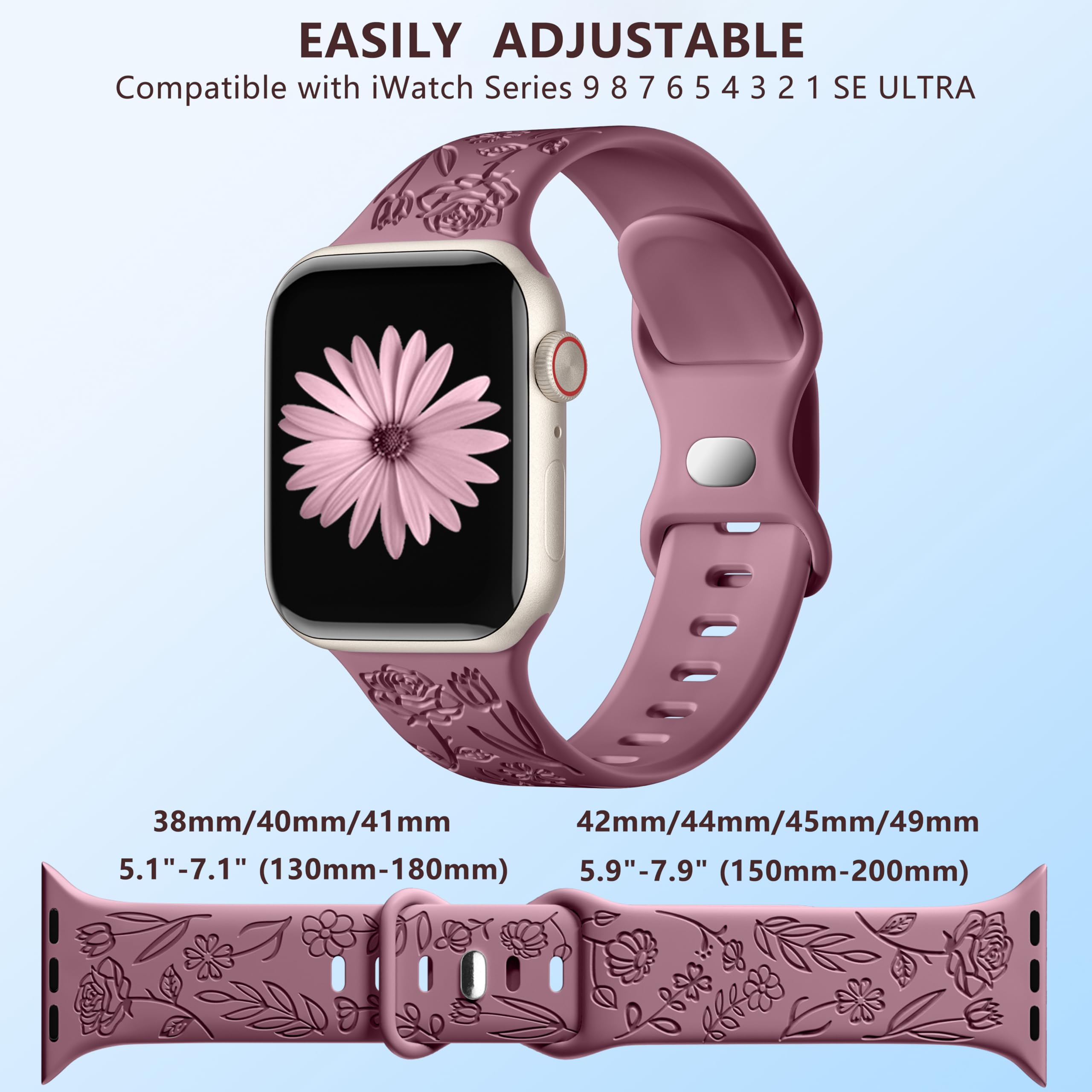 SNBLK 6 Pack Floral Engraved Apple Watch Bands, Compatible with 38mm-49mm Models, Soft Silicone Material, Vivid Flower Patterns, Comfortable Fit, Water Resistant