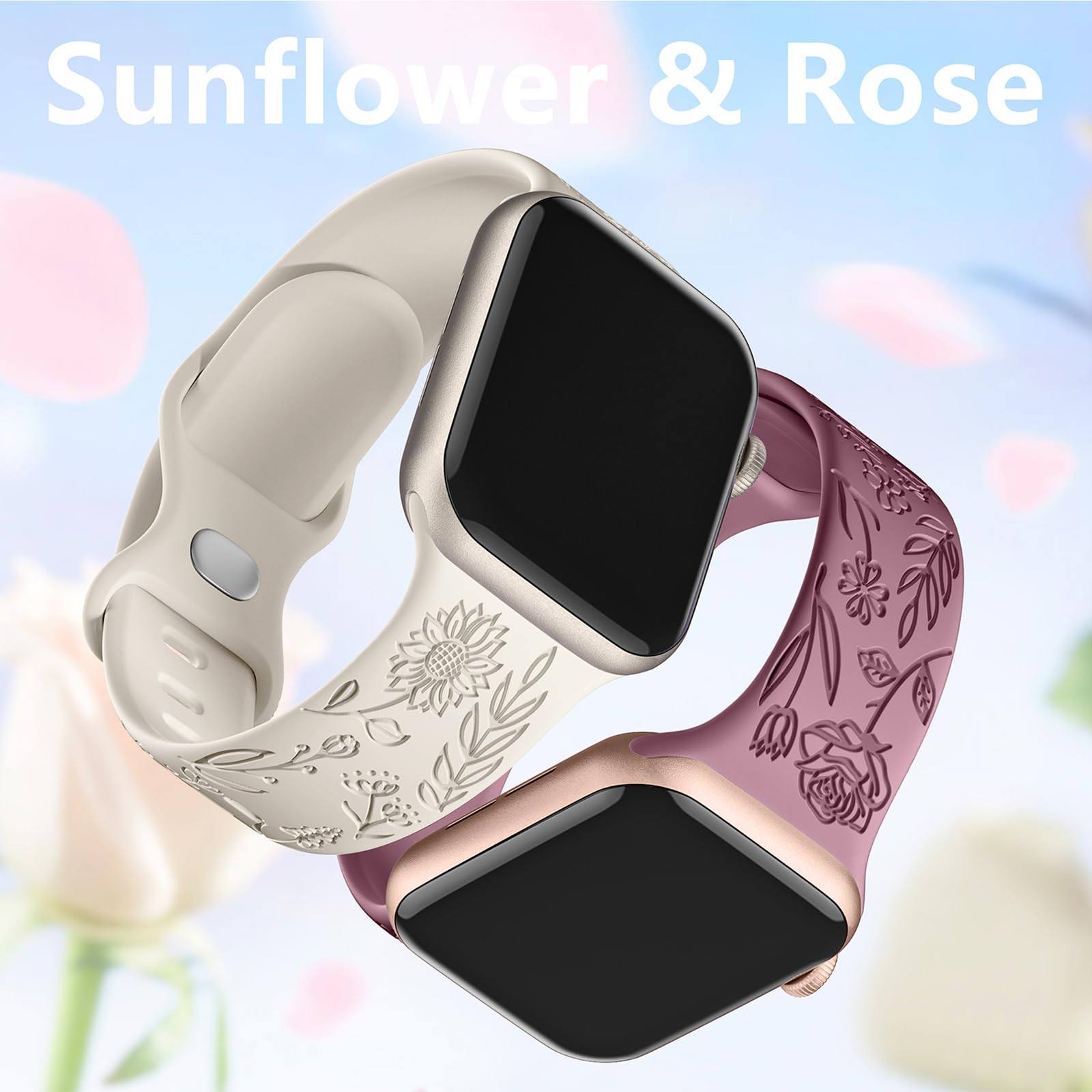 SNBLK 6 Pack Floral Engraved Apple Watch Bands, Compatible with 38mm-49mm Models, Soft Silicone Material, Vivid Flower Patterns, Comfortable Fit, Water Resistant