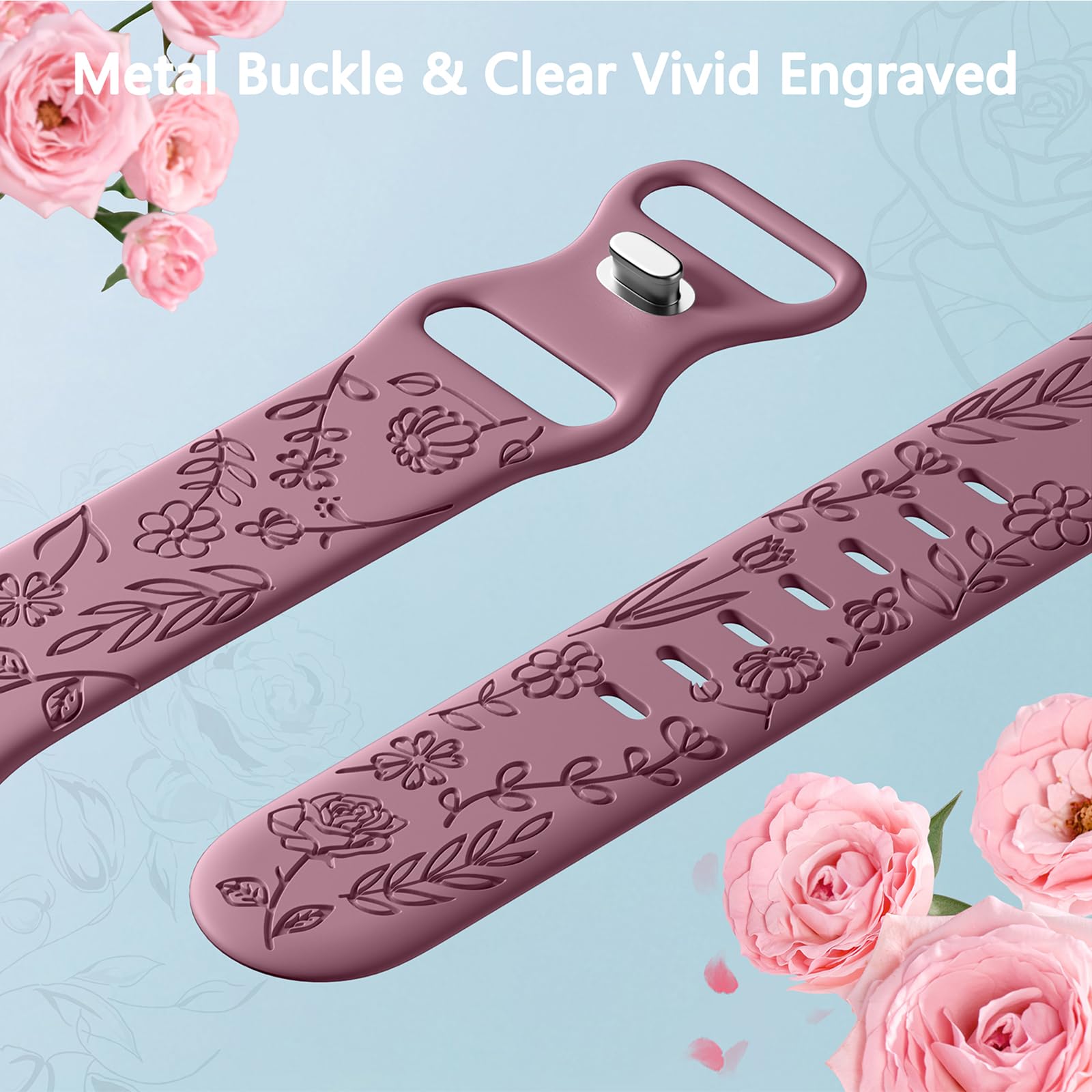 SNBLK 6 Pack Floral Engraved Apple Watch Bands, Compatible with 38mm-49mm Models, Soft Silicone Material, Vivid Flower Patterns, Comfortable Fit, Water Resistant