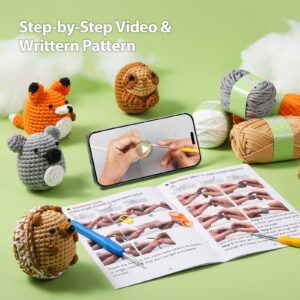 Crochet Kit for Beginners, 4PCS Crochet Animal Kit for Adults Kids, Learn to Crochet with Step-by-Step Video with Writtern Pattern