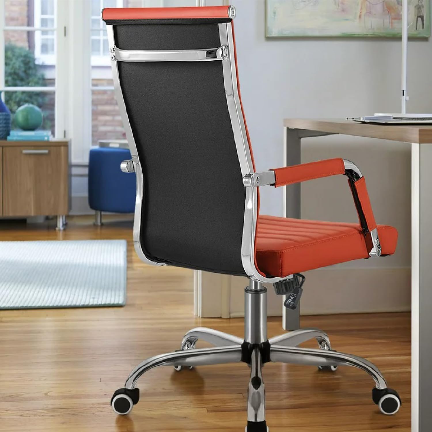 Modern Office Chair Mid-Back PU Leather Executive Conference White Office Desk Chair Adjustable Swivel Chair Desk with Arms White Desk Chair with Wheels Silla de Escritorio (Orange)