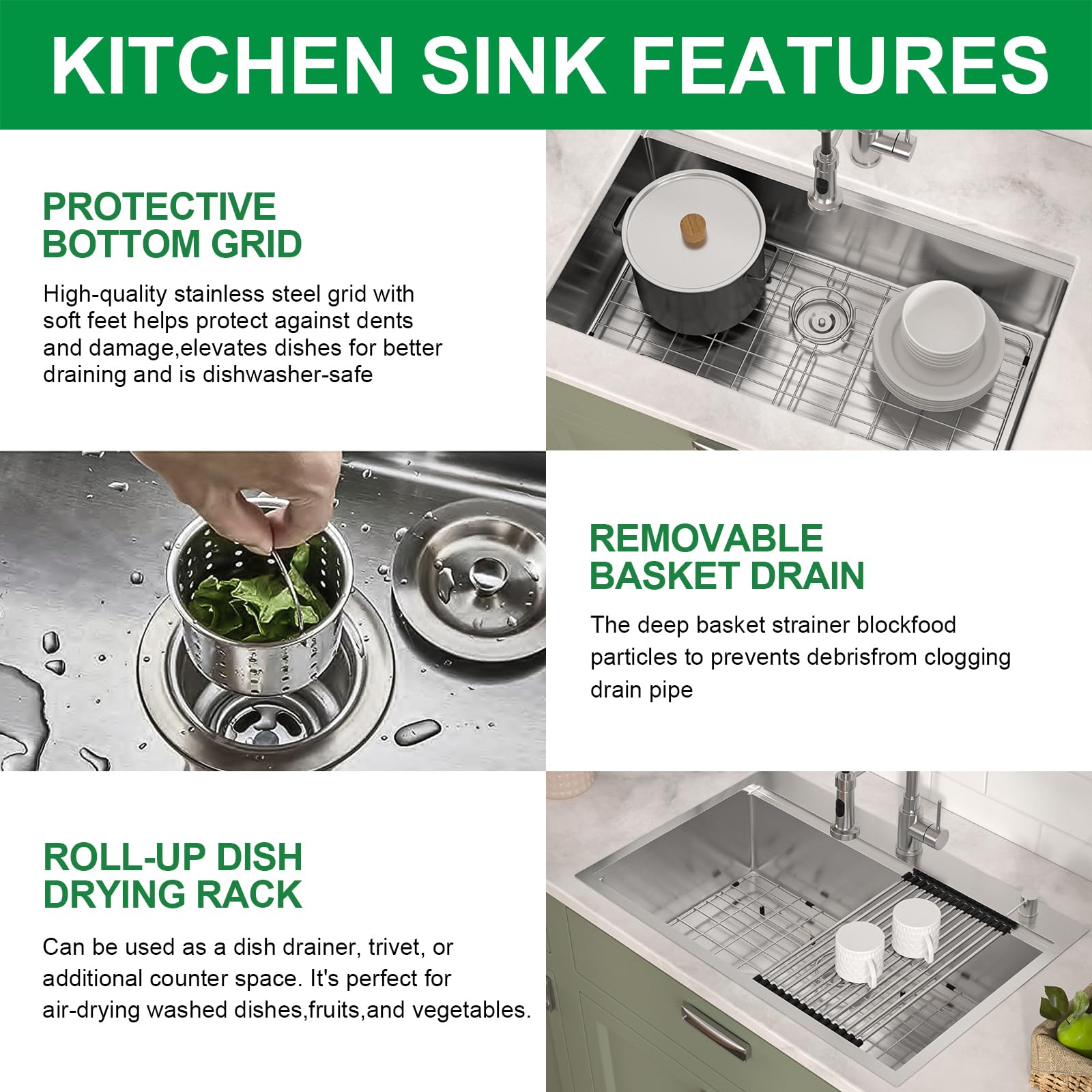 Talllor 27 Kitchen Sink Undermount 27"x19" Stainless Steel Undermount Sink Workstation Single Bowl Large Deep 16 Gauge Handmade Under Counter Kitchen Sink Basin with Accessories