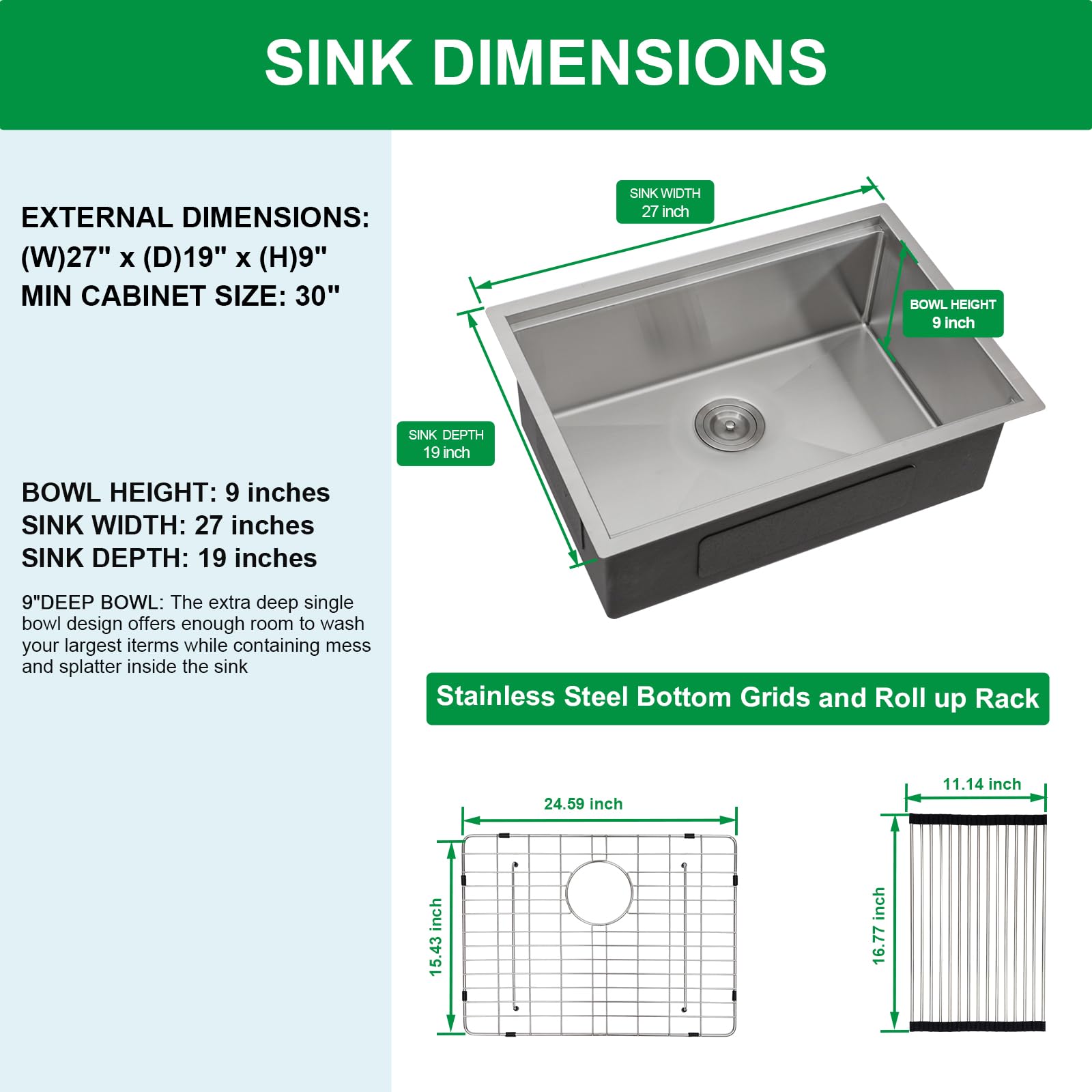 Talllor 27 Kitchen Sink Undermount 27"x19" Stainless Steel Undermount Sink Workstation Single Bowl Large Deep 16 Gauge Handmade Under Counter Kitchen Sink Basin with Accessories