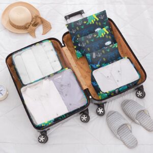 BHAHB Packing Cubes for Kids 7 Set Travel Luggage Organizers for Suitcase Travel Accessories with Shoe Bag for Women Girls Cute Aesthetic Art-Green Dinosaur