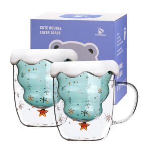shendong christmas tree coffee mugs cute mugs with lid tea cup milk cup double wall insulated glasses espresso cup best christmas gifts for women kids girls men office (set of 2)