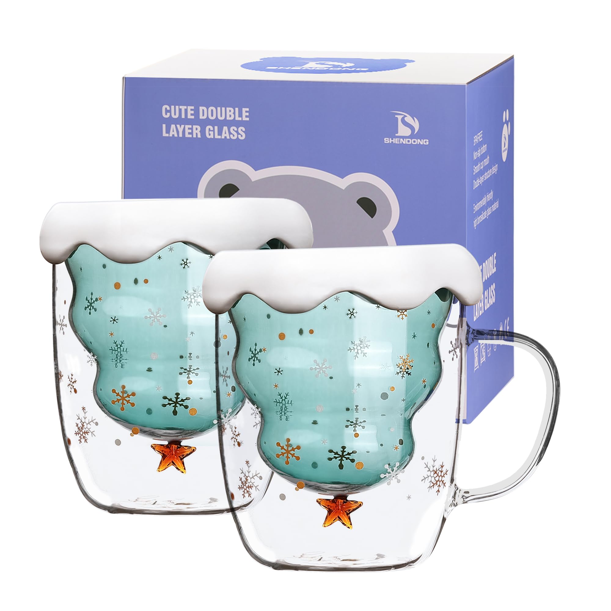 SHENDONG Christmas Tree Coffee Mugs Cute Mugs with Lid Tea Cup Milk Cup Double Wall Insulated Glasses Espresso Cup Best Christmas Gifts for Women Kids girls Men Office (Set of 2)