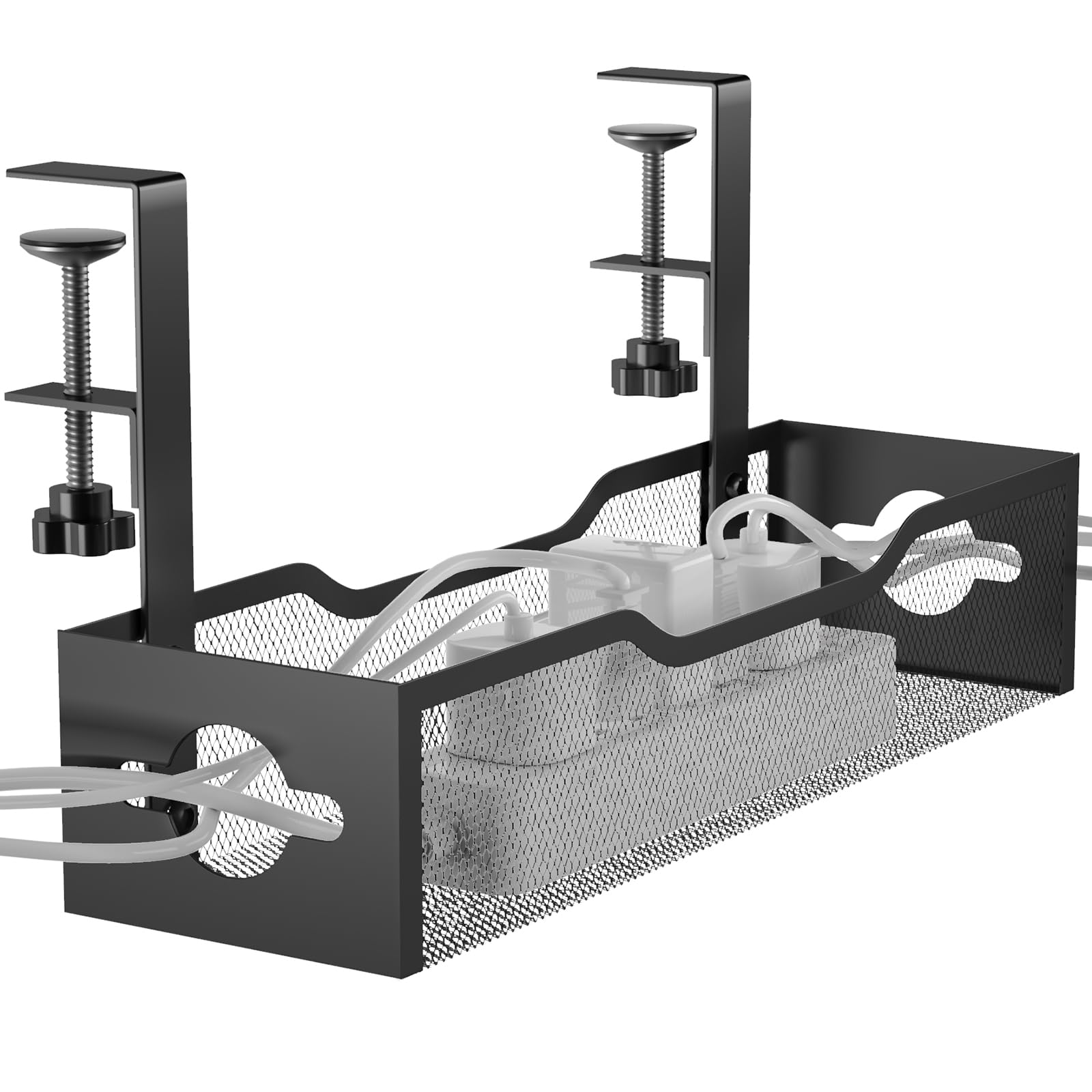 Punmoy Under Desk Cable Management Tray 15.7", Extra Large Cable Management Under Desk No Drill, Cord Organizer for Desk with Adjustable Clamps, Desk Cable Management for Home Office, Black