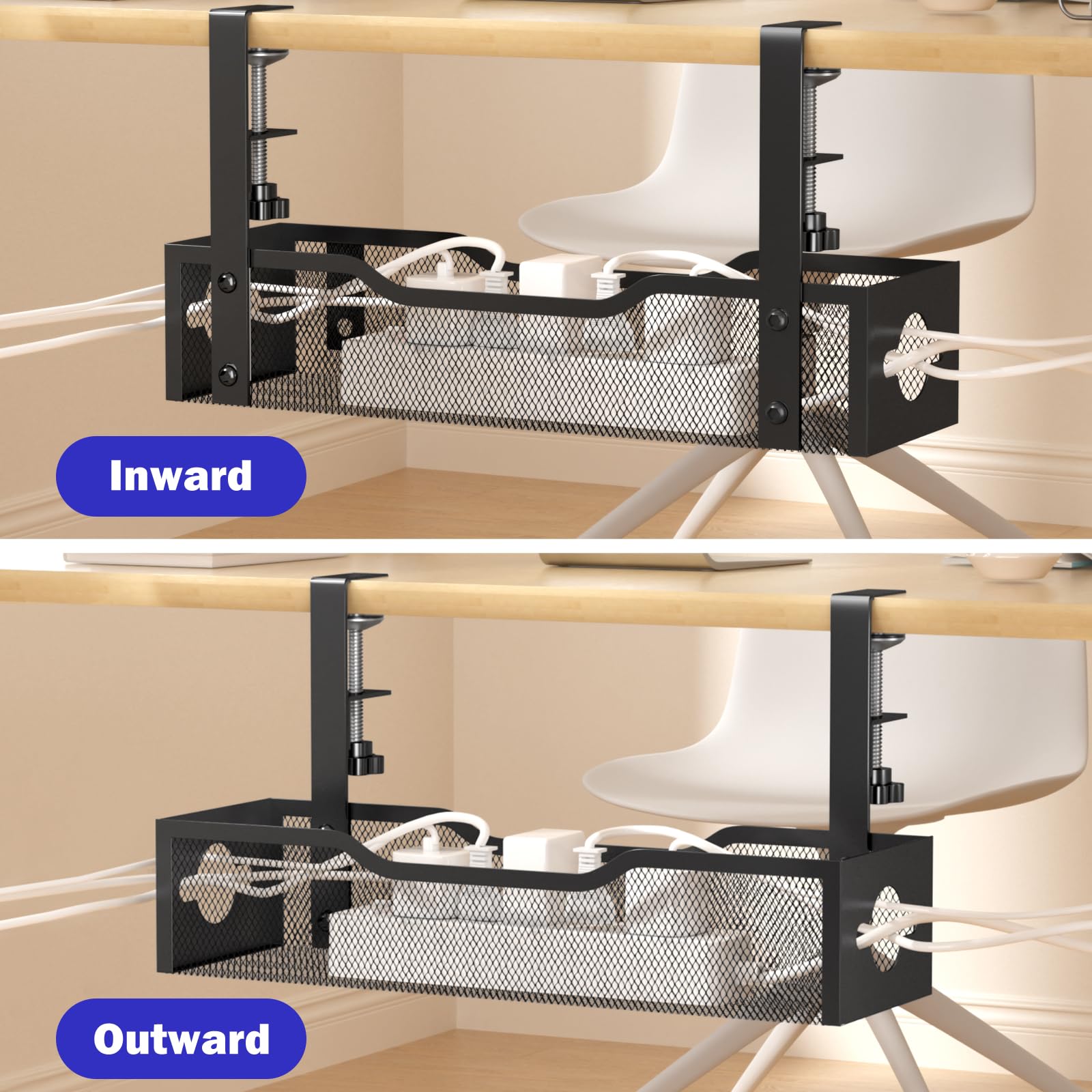 Punmoy Under Desk Cable Management Tray 15.7", Extra Large Cable Management Under Desk No Drill, Cord Organizer for Desk with Adjustable Clamps, Desk Cable Management for Home Office, Black