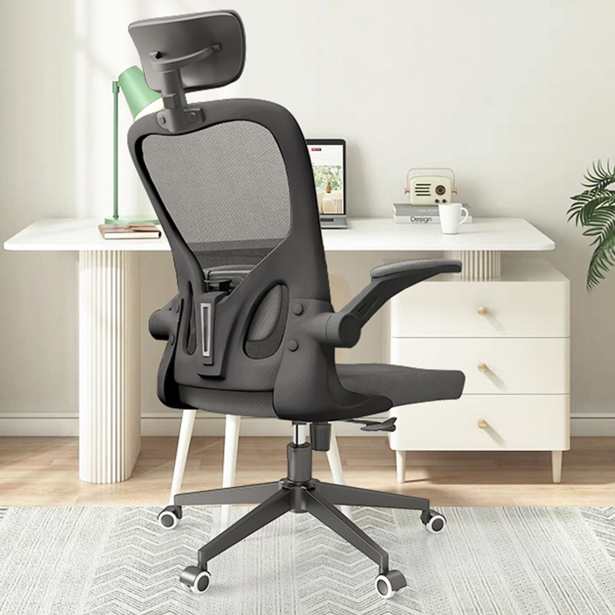 Monhey Black Office Chair, Ergonomic Office Chair, Home Office Desk Chair for Big and Tall People, Computer Chair with Adjustable Headrest, Lumbar Support, Flip-Up Arms, PU Wheels